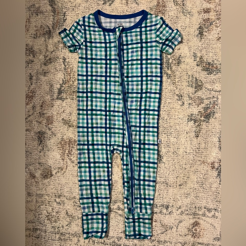 Birdie Bean Bamboo Plaid Short-Sleeve Zip Romper